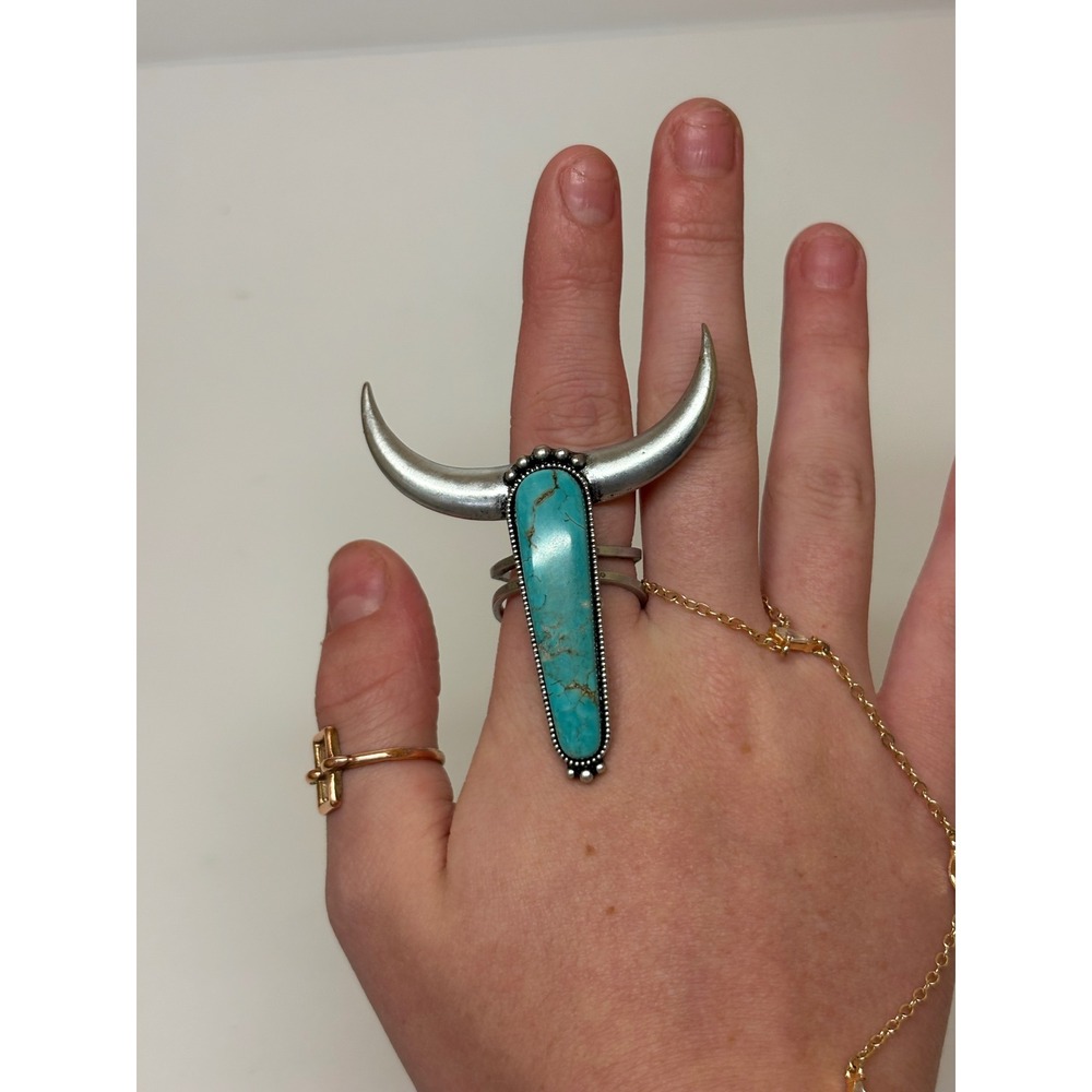 Western Longhorn Bull Skull Turquoise Silver Tone Adjustable Statement Ring 9.5